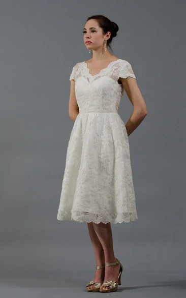 Alencon Lace Knee-Length Wedding Dress With Cap Sleeves
