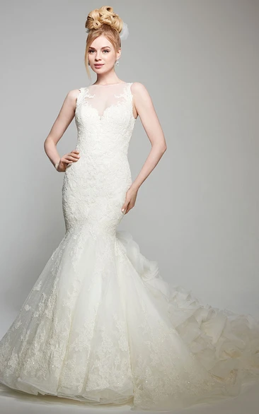 Mermaid Floor-Length Appliqued Sleeveless Jewel Lace Wedding Dress With Ruffles And Illusion Back