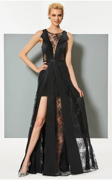 Sexy Satin and Tulle Sheath Bateau Front Split Long Dress with Applique