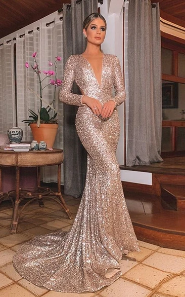 Mermaid Sequin Evening Dress with Long Sleeves Plunging Neckline Formal Dress Women