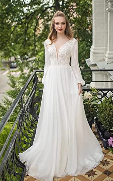 Casual Open Back A-Line Chiffon Wedding Dress with Bateau Neckline and Poet Sleeves