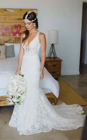Sheath V-neck Lace Zipper Wedding Dress