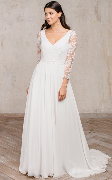 Simple Chiffon A Line Floor-length 3/4 Length Sleeve V-neck Wedding Dress with Ruching