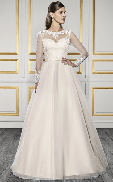 Long Bateau Appliqued Long-Sleeve Tulle Wedding Dress With Court Train And Illusion