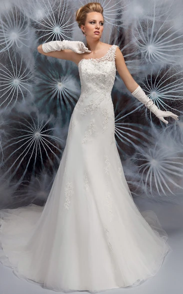 A-Line One-Shoulder Appliqued Floor-Length Sleeveless Lace&Tulle Wedding Dress With Chapel Train