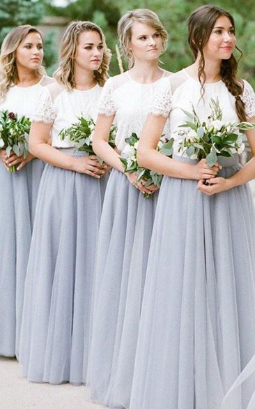 A Line Short Sleeve Lace Tulle Modest Modern Bridesmaid Dress with Pleats