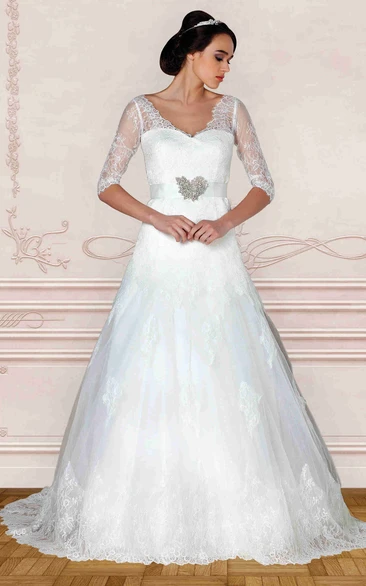 A-Line Half-Sleeve V-Neck Long Lace Wedding Dress With Appliques And Bow