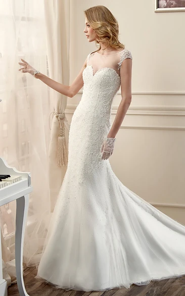 Cap-Sleeve Lace Long Wedding Dress With Open Back And Court Train