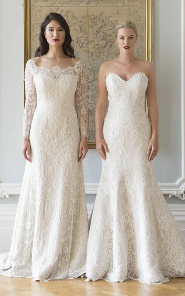 A-Line Illusion-Sleeve Bateau-Neck Maxi Lace Wedding Dress