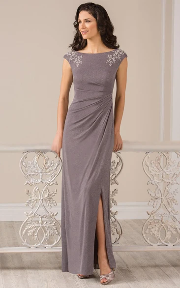 Cap-Sleeved Long Front Silted Mother Of The Bride Dress With Crystals And Draping