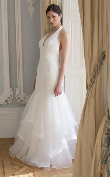 A-Line Floor-Length Sleeveless Haltered Organza&Lace Wedding Dress