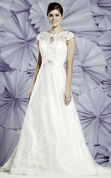 A-Line Appliqued Cap-Sleeve Floor-Length Jewel-Neck Lace&Satin Wedding Dress