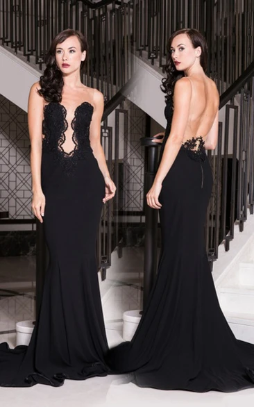 Sheath Strapless Sleeveless Lace Maxi Chiffon Prom Dress With Backless Style And Sweep Train