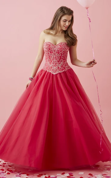 Ball Gown Sweetheart Sleeveless Tulle Satin Dress With Beading