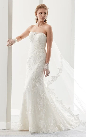 Strapless Lace Sheath Gown With Brush Train And Half Back