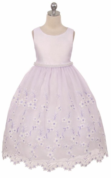 Tea-Length Floral Beaded Lace&Organza Flower Girl Dress With Ribbon