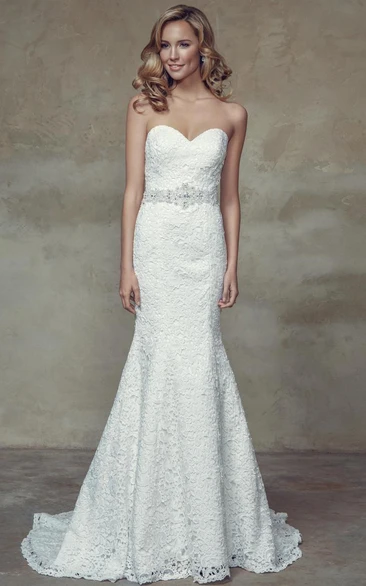 Sheath Floor-Length Sweetheart Lace Wedding Dress With Waist Jewellery And Corset Back