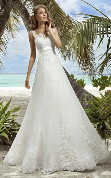A-Line Floor-Length V-Neck Sleeveless Lace-Up Organza Dress With Appliques
