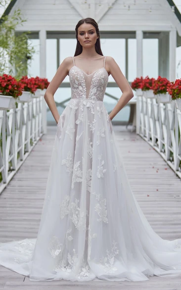 Garden Lace A-Line Wedding Dress with Appliques Open Back Spaghetti Straps Country Wedding Dress