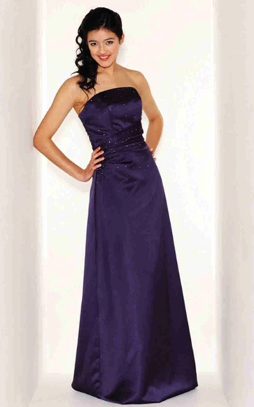 Beaded Strapless Satin Bridesmaid Dress With Ruching