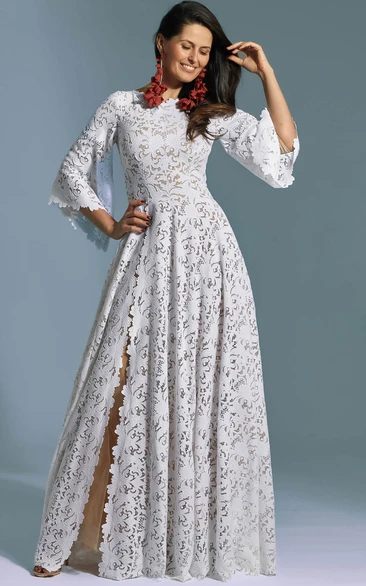 Lace Bohemian Jewel NeckLine A-Line Wedding Dress With Zipper Back And Split Front