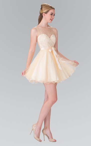 A-Line Short Scoop-Neck Sleeveless Tulle Satin Deep-V Back Dress With Bow