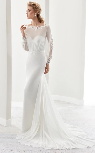 Long-Sleeve Jewel-Neck Sheath Gown With Illusion Design And Keyhole Back