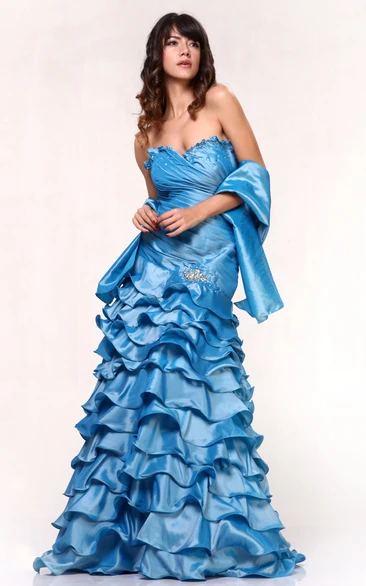 A-Line Sweetheart Sleeveless Satin Dress With Tiers And Ruching