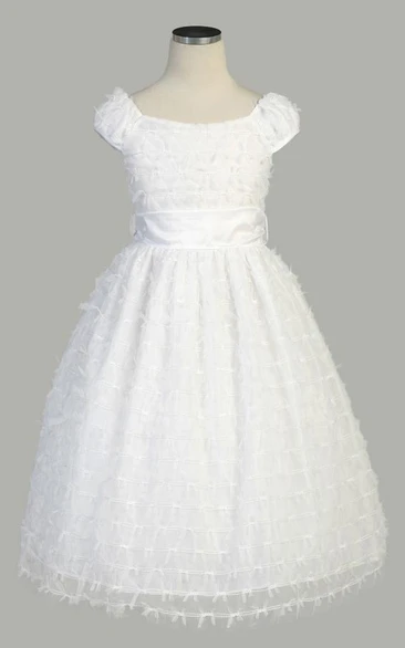 Short Cap-Sleeve Tiered Tulle&Taffeta Flower Girl Dress