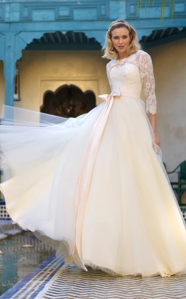 A-Line Jewel-Neck 3-4-Sleeve Bowed Tulle Wedding Dress With Lace