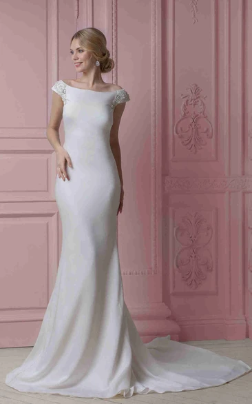Sheath Cap-Sleeve Off-The-Shoulder Chiffon Wedding Dress With Beading And Deep-V Back