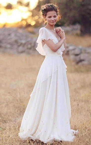 A Line V-neck Chiffon Lace Zipper Low-V Back Wedding Dress