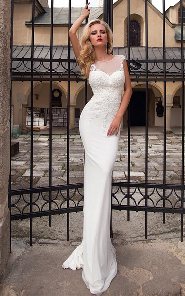 Pencil Cap-Sleeve Floor-Length Scoop Appliqued Jersey Wedding Dress With Illusion Back And Sweep Train