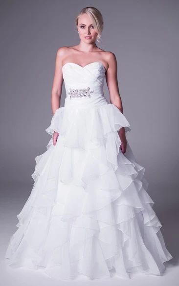 Ball Gown Jeweled Sweetheart Organza Wedding Dress With Criss Cross And Ruffles