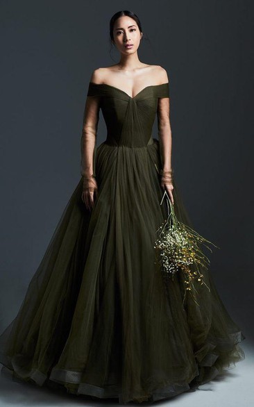Modern Tulle A Line Floor-length Long Sleeve Off-the-shoulder Formal Dress with Ruching