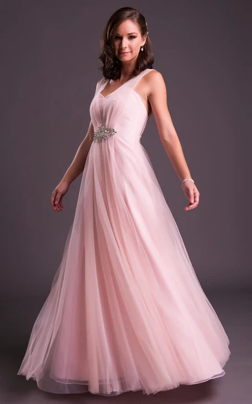 A-Line Sleeveless Floor-Length V-Neck Jeweled Tulle Prom Dress With Pleats