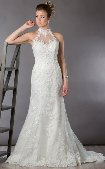 High Neck Illusion Back Sheath Bridal Gown With Allover Lace
