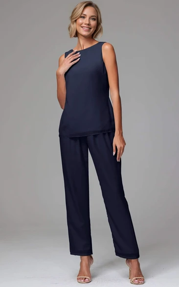 Simple Modest Pieces Dark Navy Blue Chiffon Bateau Neckline