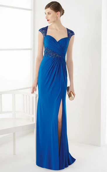 Illusion Cap Sleeve Sheath Long Prom Dress With Side Split - UCenter Dress