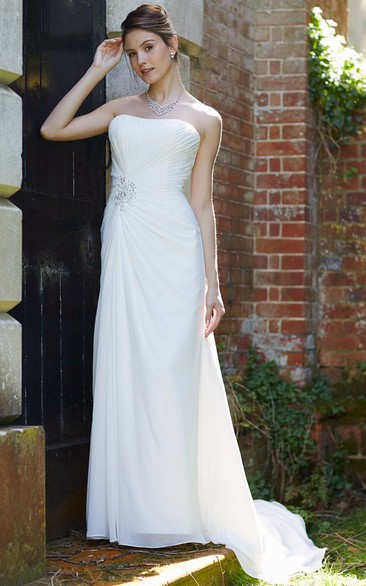 Strapless Long Draped Chiffon Wedding Dress With Sweep Train And Corset Back