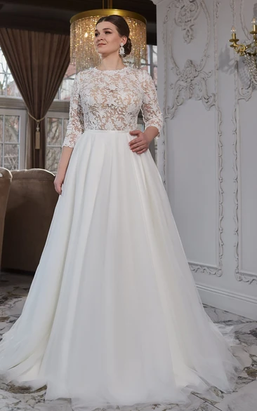 Classic A-Line Lace Wedding Dress with Jewel Neckline and Zipper Back Chic Wedding Dress