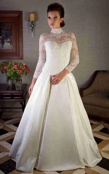 High Neck Floor-Length Lace Long-Sleeve Satin Wedding Dress