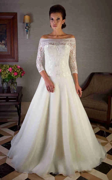 A-Line Off-The-Shoulder Long-Sleeve Long Organza Wedding Dress With Appliques And Illusion