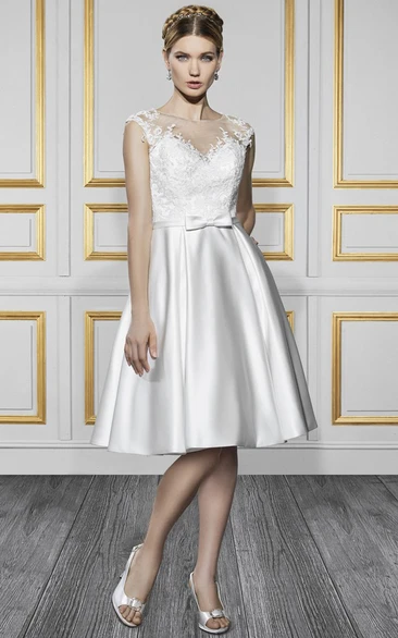 Scoop Midi Bowed Satin Wedding Dress With Appliques And Illusion
