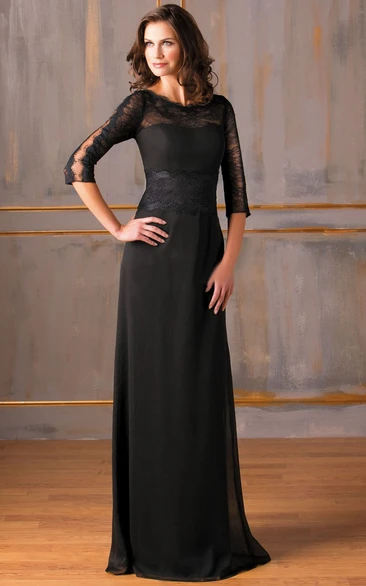 3-4 Sleeved Long Chiffon Mother Of The Bride Dress With Lace And Sweep Train