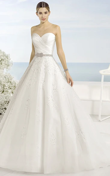 Ball Gown Jeweled Sweetheart Tulle Wedding Dress With Criss Cross And Bow