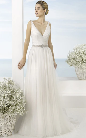 A-Line Long V-Neck Sleeveless Ruched Tulle Wedding Dress With Waist Jewellery And Low-V Back