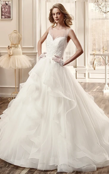 Cap-Sleeve Long Wedding Dress With Illusion And Ruching Skirt