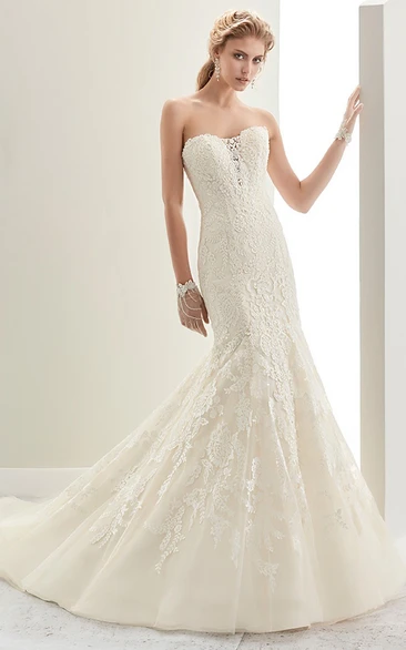 Strapless Mermaid Lace Bridal Gown With Open Back And Brush Train