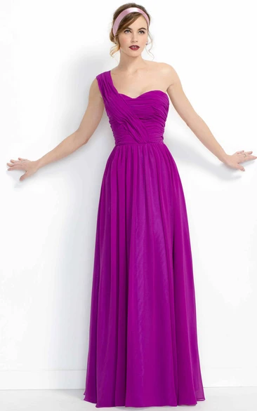 A-Line Sleeveless Floor-Length One-Shoulder Ruched Chiffon Bridesmaid Dress